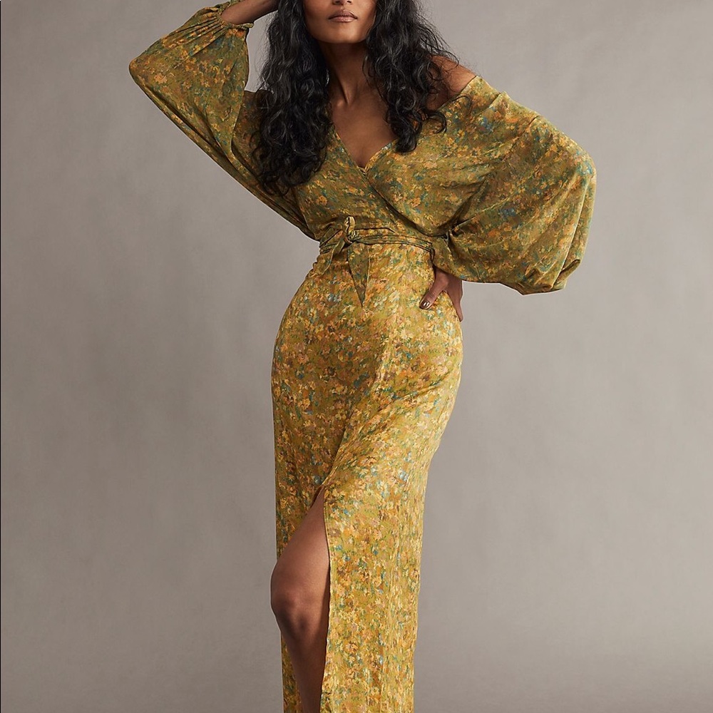 Free People Floral Midi Dress in Green and Yellow